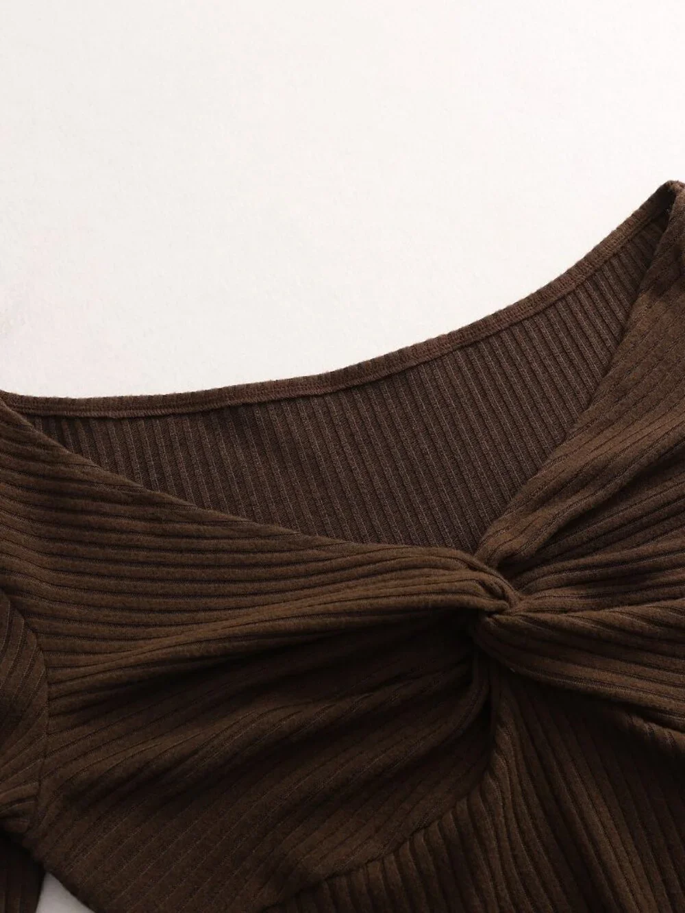 Brown Casual Women's Twisted Knot Rib-Knit Boat Neck Long Sleeve Top